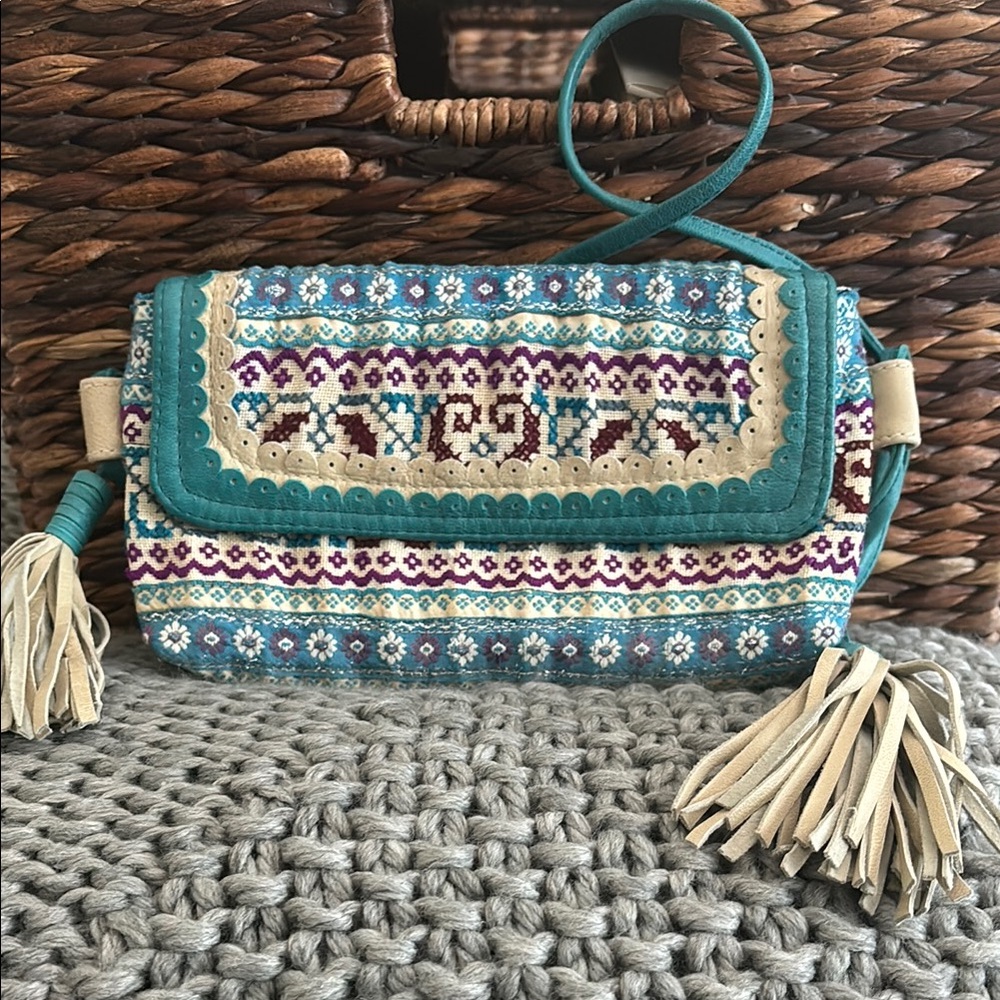 Anthropologie Blue and Cream Shoulder Bag with Chic Design